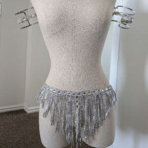 Handmade Silver Rhinestoned Carnival Fringe Belt Skirt 3 Piece Set